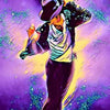 A dynamic illustration of a figure in a suit with outstretched arms against a vibrant purple and yellow background filled wit