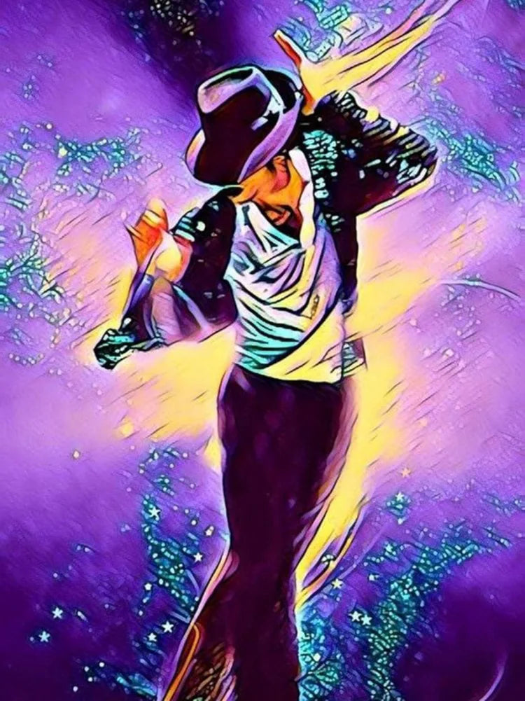 A dynamic illustration of a figure in a suit with outstretched arms against a vibrant purple and yellow background filled wit