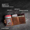 A brown leather card holder wallet showing various slots and a window for an ID card.