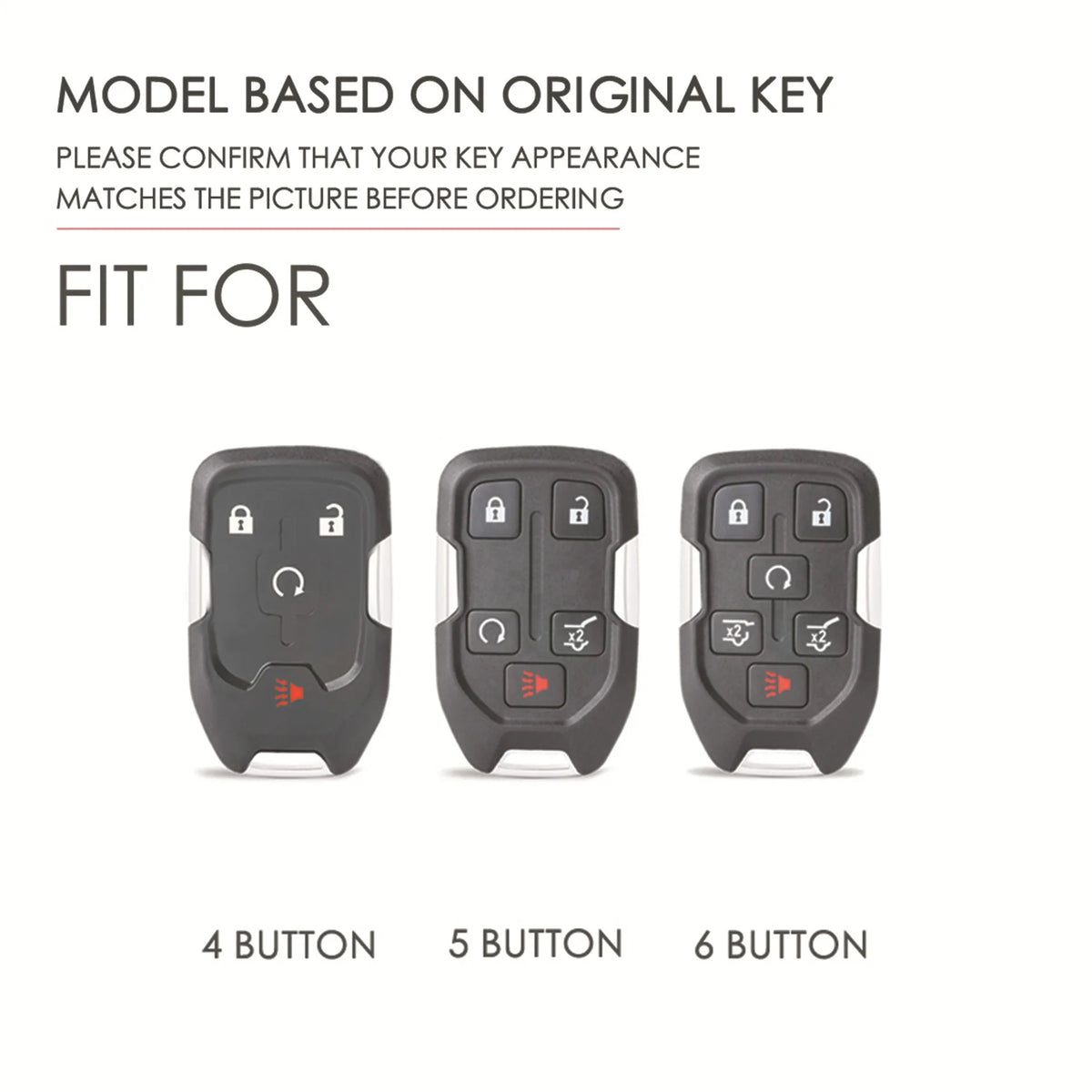 Three black key fob cases showing 4, 5, and 6 button configurations for a premium leather key fob.