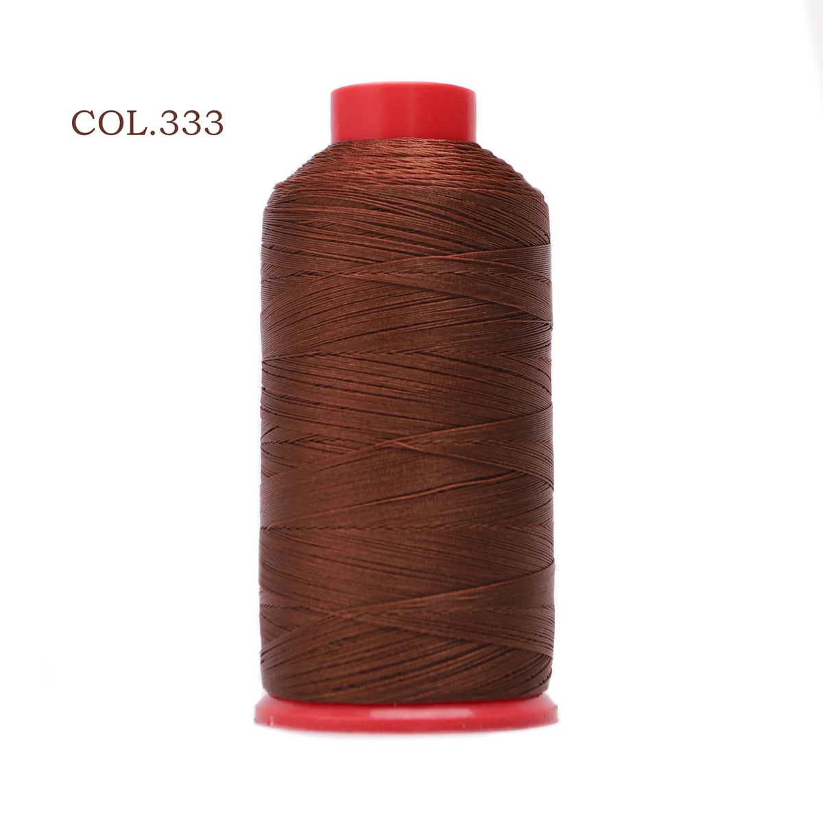 A spool of dark brown heavy-duty nylon bonded thread with a red cap.