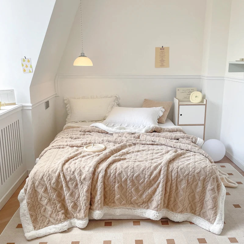 A beige fleece throw blanket is draped over a bed in a bright room.