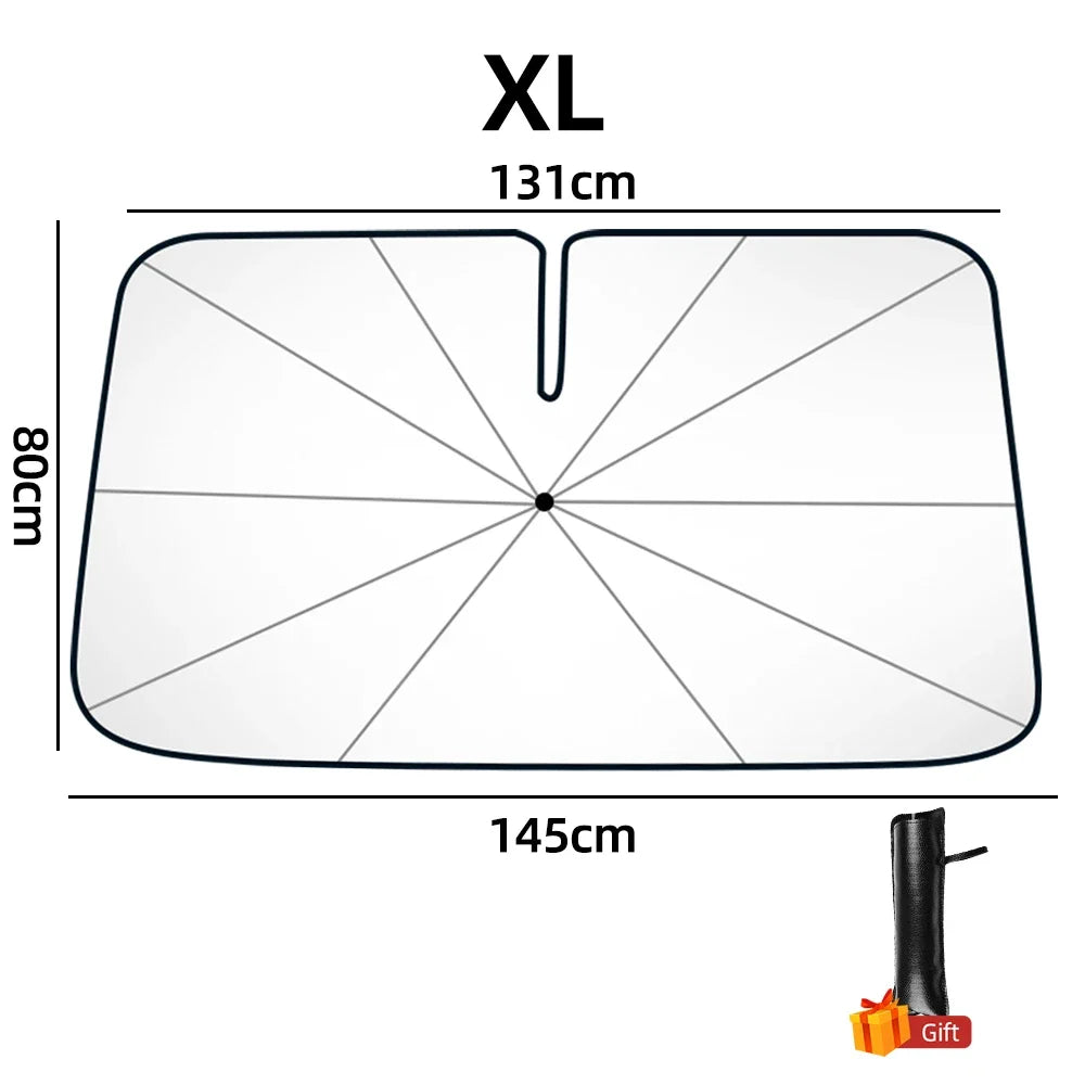 An XL size foldable car windshield sun shade umbrella shown with its dimensions and an emergency hammer.