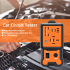 An orange car circuit tester device is shown next to a hand working on an engine component.
