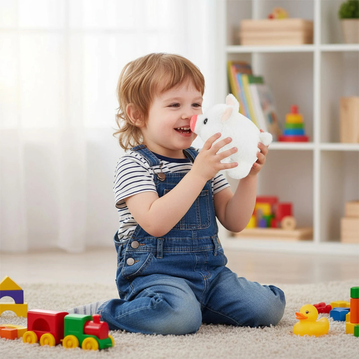 A smiling toddler holds a white electronic pig plush toy on a light-colored rug.