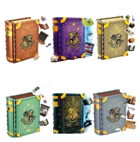 A set of six fantasy theme models built from magical book building blocks in various colors and designs.