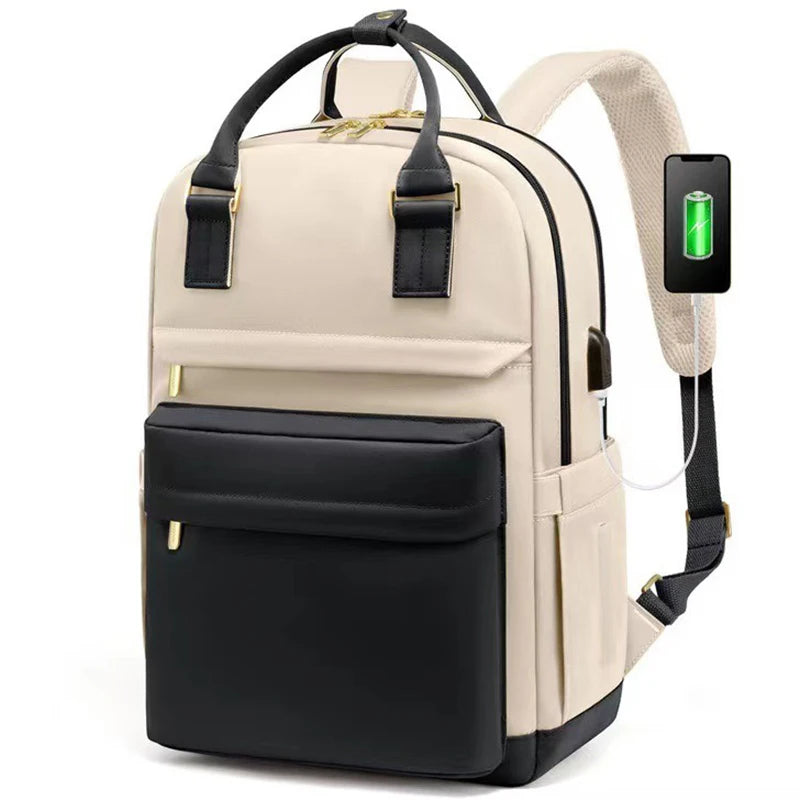 Women's Nylon Waterproof Casual Backpack with USB Port, Fits 15.6 Inch Laptop