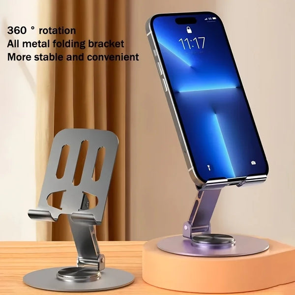A silver desktop phone stand with a metal folding bracket is shown next to an iPhone displaying 11:17.