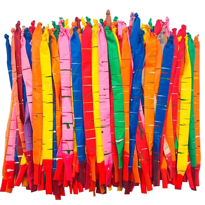 A pack of 100 whistling flying party balloons in various bright colors like red, orange, yellow, pink, and blue.