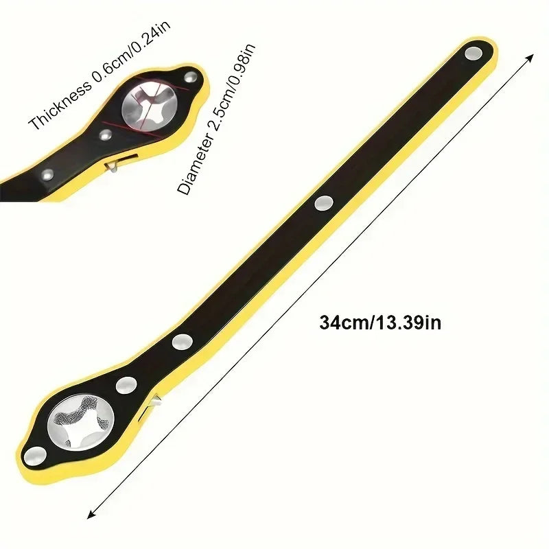 A long, black and yellow labor-saving ratchet wrench with a round head is shown at an angle.