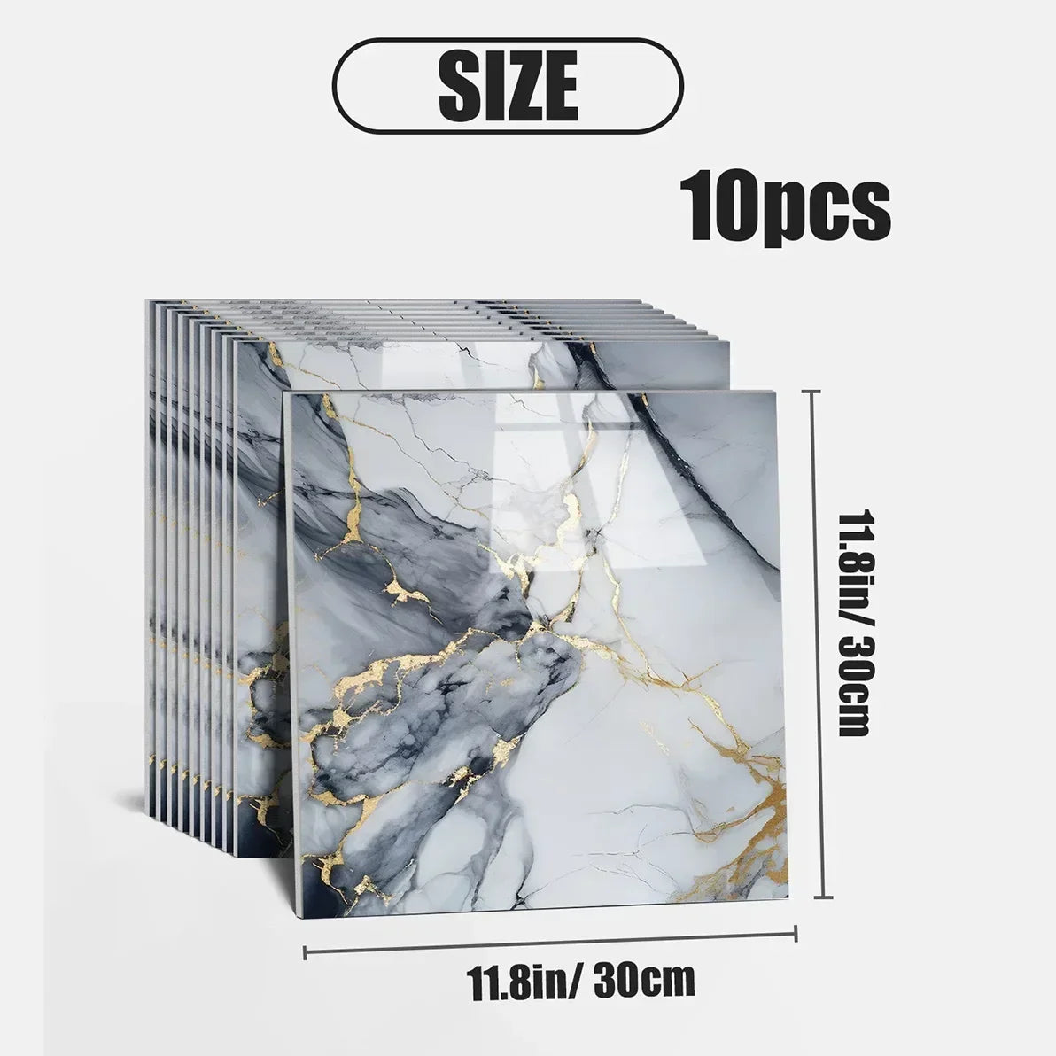 Ten pieces of marble effect wall stickers featuring gold veining on a white and gray background.