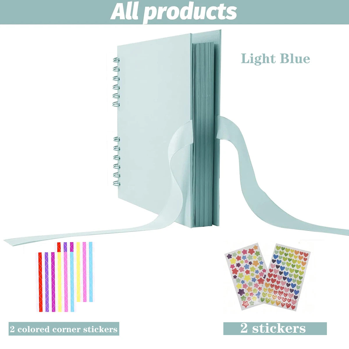 Light blue scrapbook album with loose-leaf pages and two corner stickers
