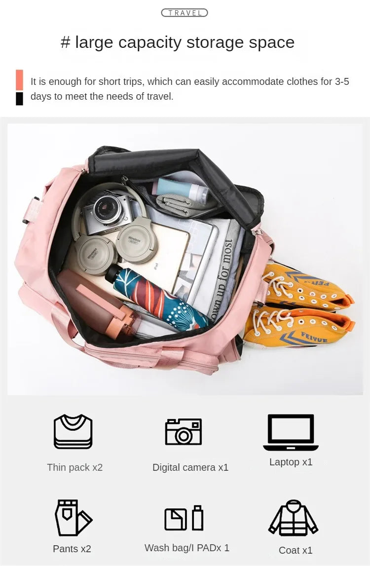 Pink travel duffel bag showing various items like camera, laptop, pants, and coat inside.