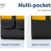 Close-up view of a black tool bag showing the front and back pockets with yellow accents.