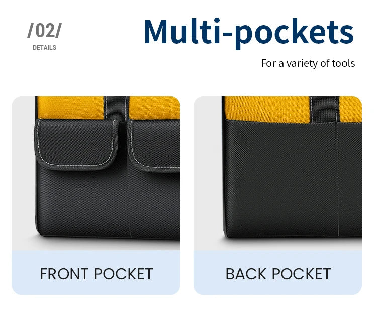 Close-up view of a black tool bag showing the front and back pockets with yellow accents.