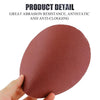 A hand holds a reddish-brown sanding disc for wood, metal, and stone.