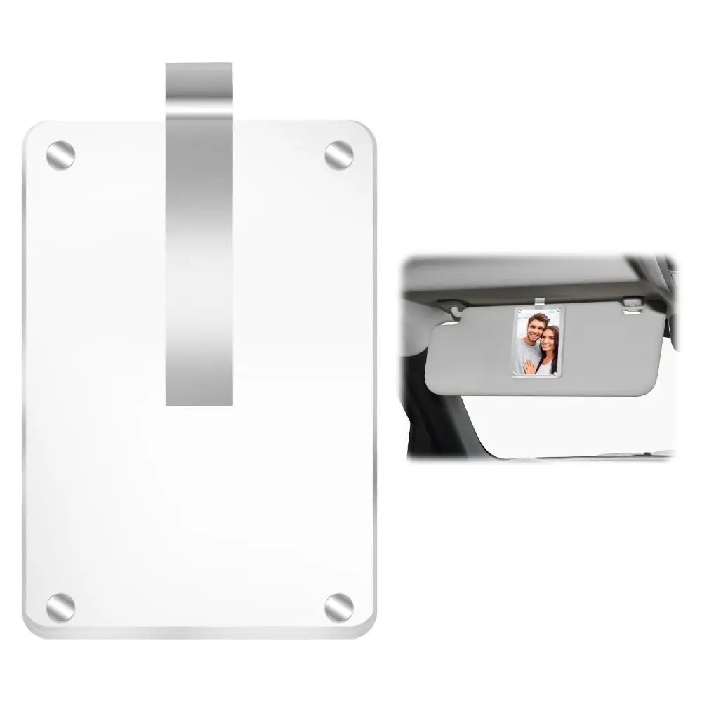 Silver magnetic car sun visor photo frame with a clear protective cover.