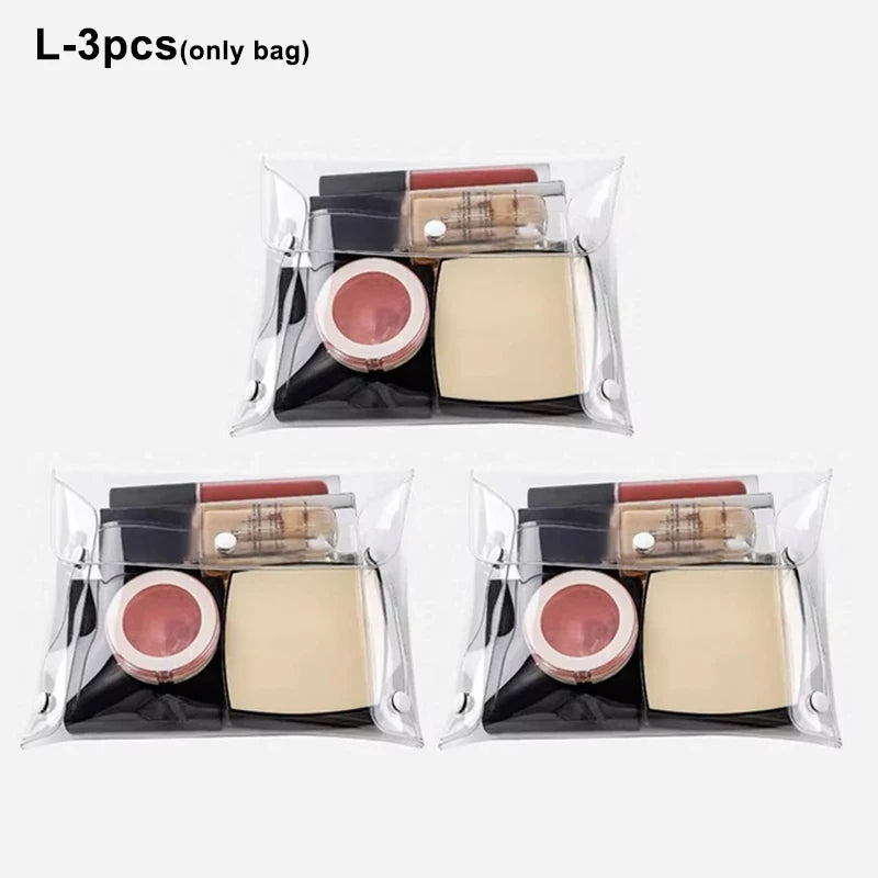 Three cosmetic bags containing makeup brushes and other items for waterproof storage