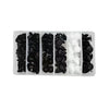 A white plastic tray containing a set of black and white auto trim panel retainer clips for body repair.