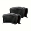 A pair of black heat-resistant silicone pan handle covers with ribbed texture.