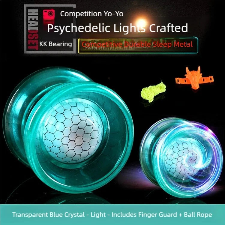 Transparent blue crystal yo-yo with a smooth spin and anti-drop design featuring a finger guard and ball rope