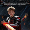A young boy holds a glowing red light blade sword with sparks and smoke effects.
