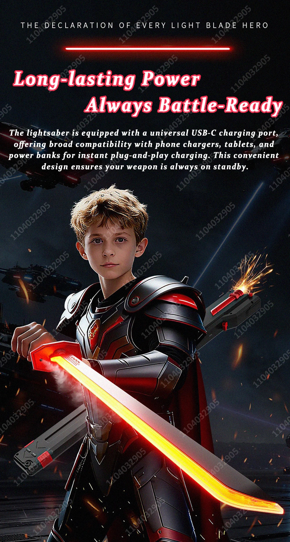 A young boy holds a glowing red light blade sword with sparks and smoke effects.