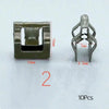 A close-up view of a metal trim panel fastener clip with dimensions shown, packaged as 10 pieces.
