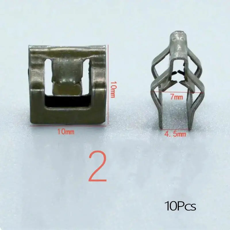 A close-up view of a metal trim panel fastener clip with dimensions shown, packaged as 10 pieces.