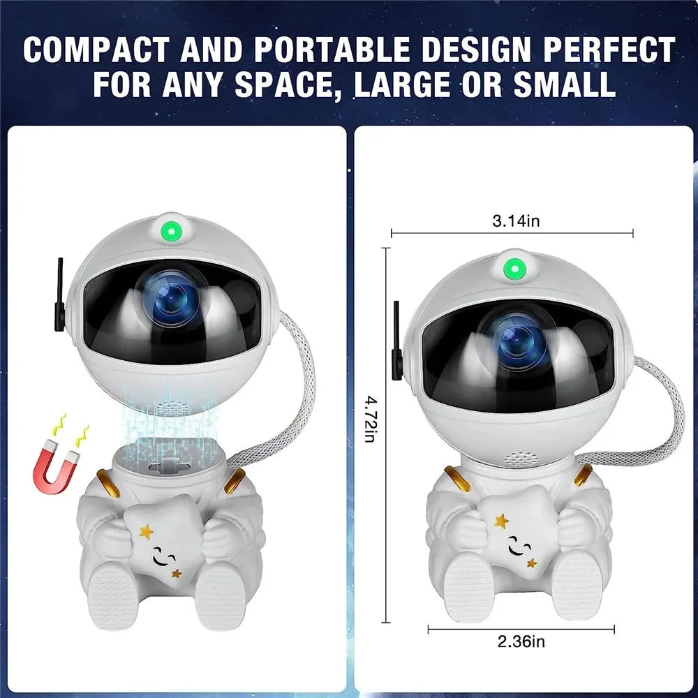A compact white astronaut night light projector with a blue lens and star design.