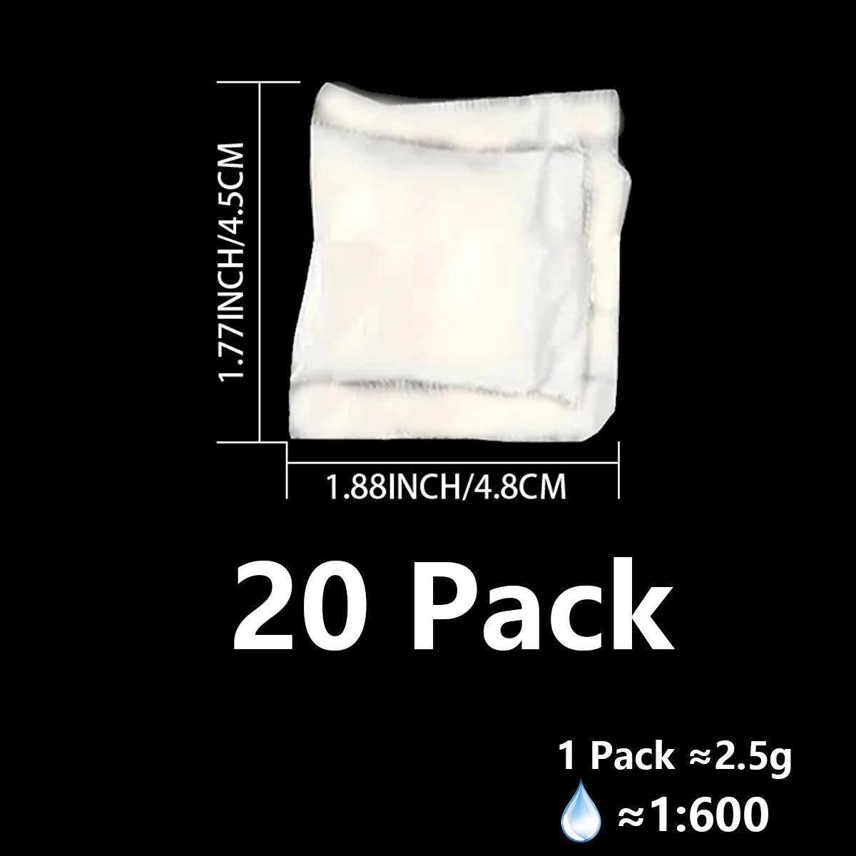 A white absorbent powder product packaged in a 20 pack, with dimensions listed as 1.77 inch by 1.88 inch.