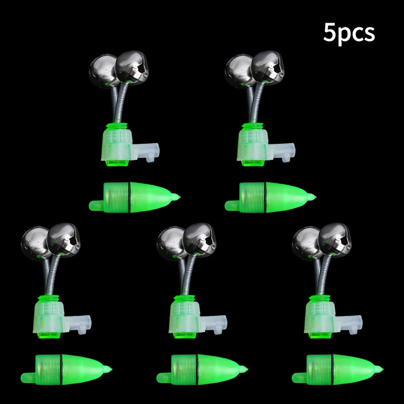 A set of five clip-on fishing rod bite alarm bells in silver and lime green colors.