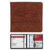 A brown leather card holder wallet displaying a silhouette of a car and text for registration and insurance documents.
