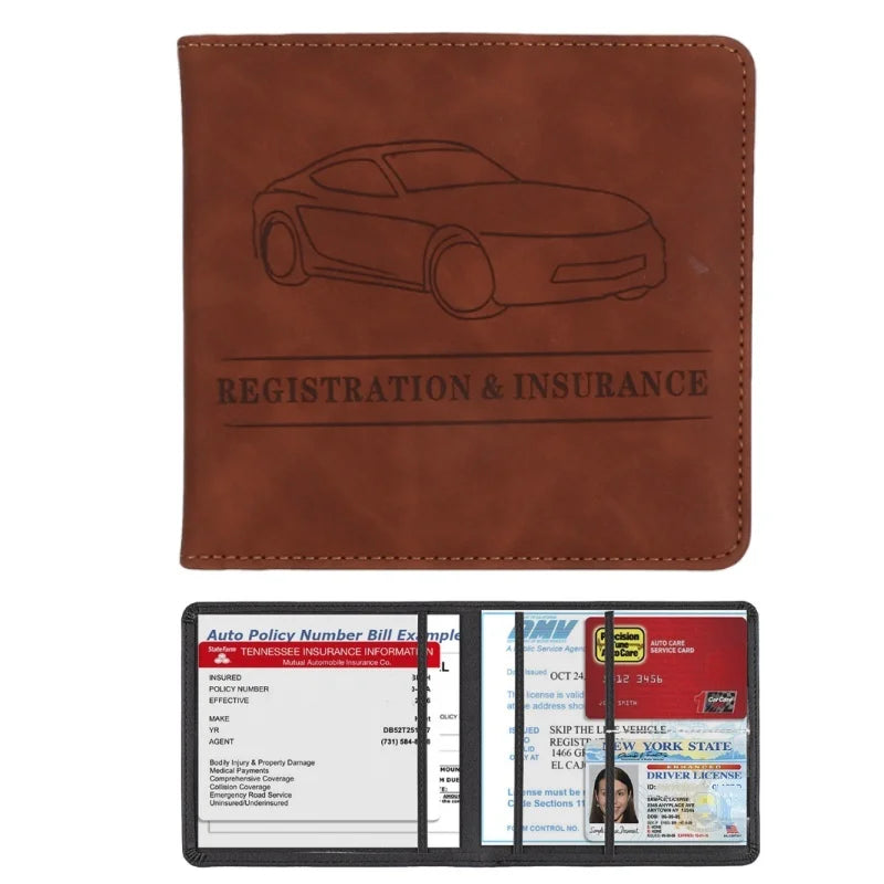 A brown leather card holder wallet displaying a silhouette of a car and text for registration and insurance documents.