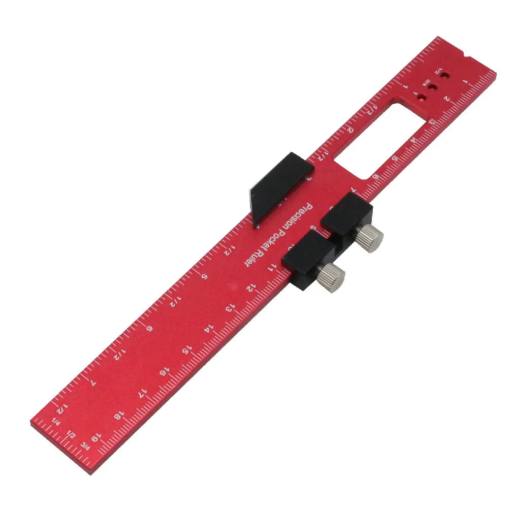 Red aluminum pocket ruler with a T-track slide stop and measurement markings