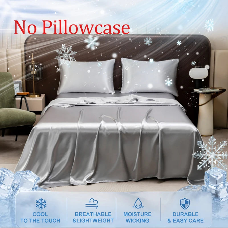 Silver ice silk bed sheets draped on a bed with a dark brown headboard and white pillows.