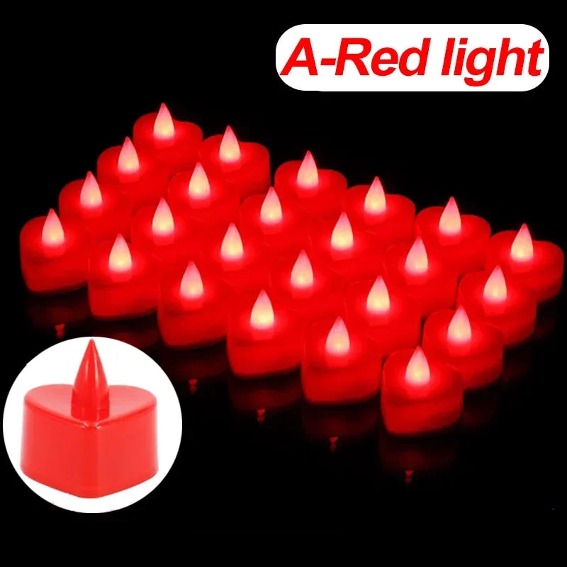 A close-up view of multiple red heart-shaped flameless LED candles glowing brightly against a black background.