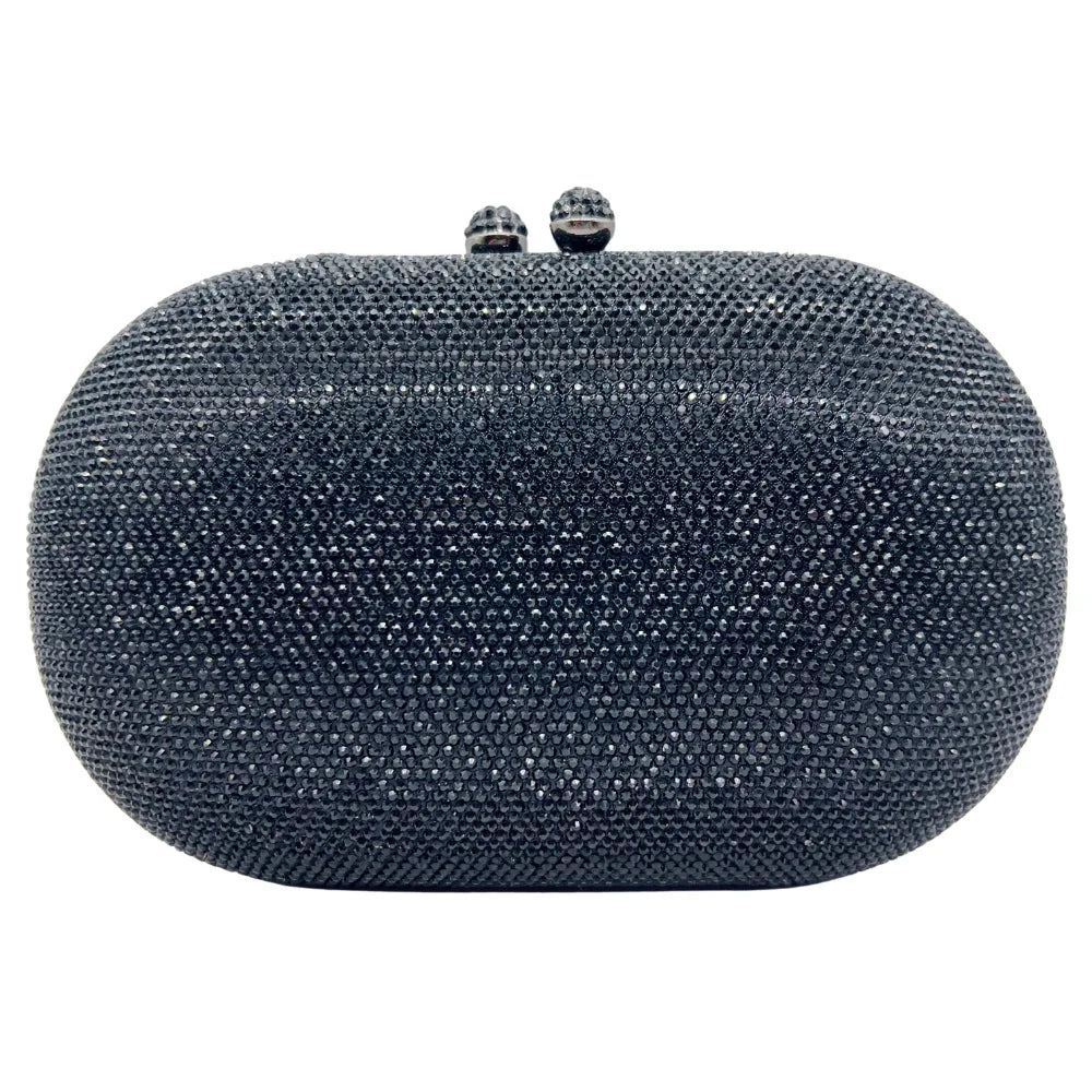 Pochette de soirée en strass gris foncé avec une bandoulière en chaîne.