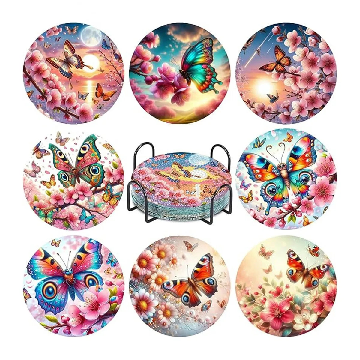 A collection of eight ocean-themed diamond art coasters featuring vibrant floral and sea life designs.