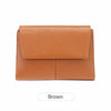 A brown RFID-blocking tri-fold wallet with a zippered coin pocket shown flat.