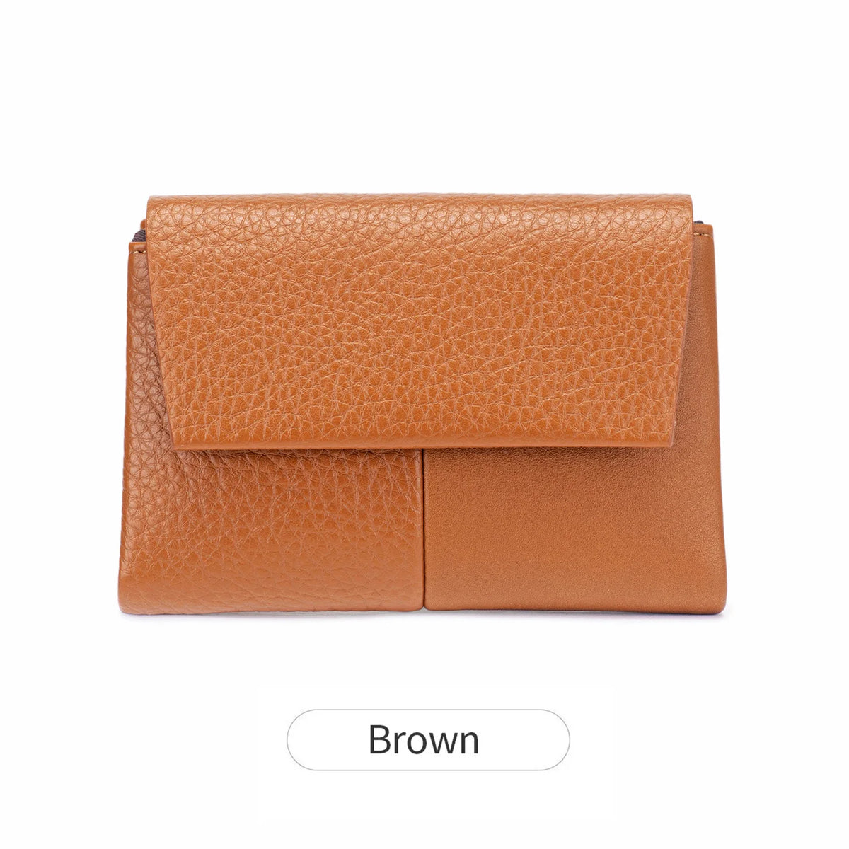 A brown RFID-blocking tri-fold wallet with a zippered coin pocket shown flat.