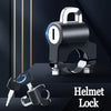 A close-up view of a black helmet lock with a key, demonstrating an anti-theft security device.