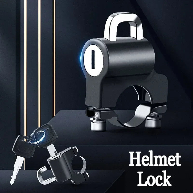 A close-up view of a black helmet lock with a key, demonstrating an anti-theft security device.