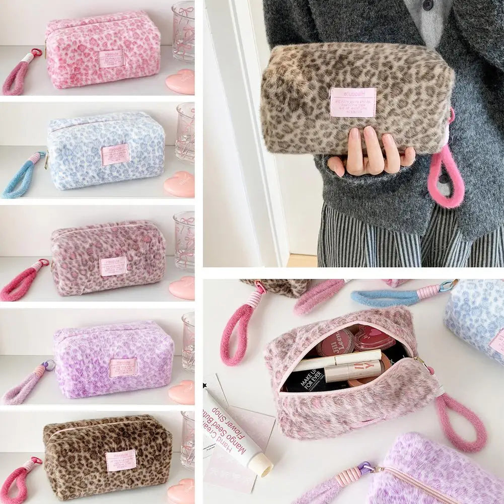Leopard Print Plush Makeup Bag with Carry Handle