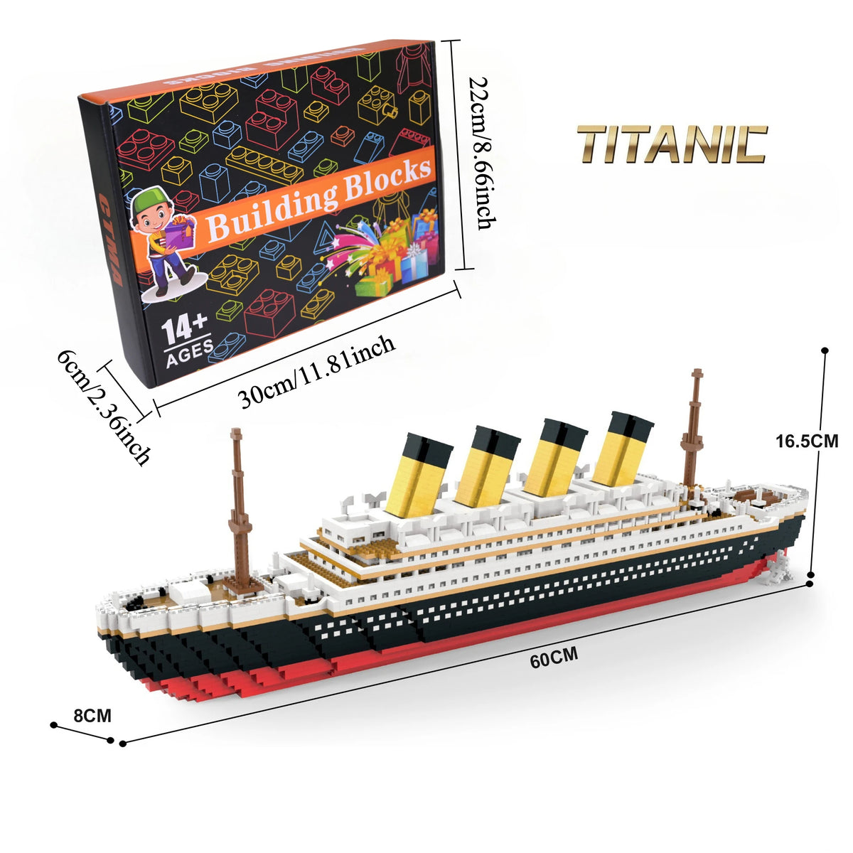 Building Blocks set of a Titanic ship model kit featuring black, white, and red colors.