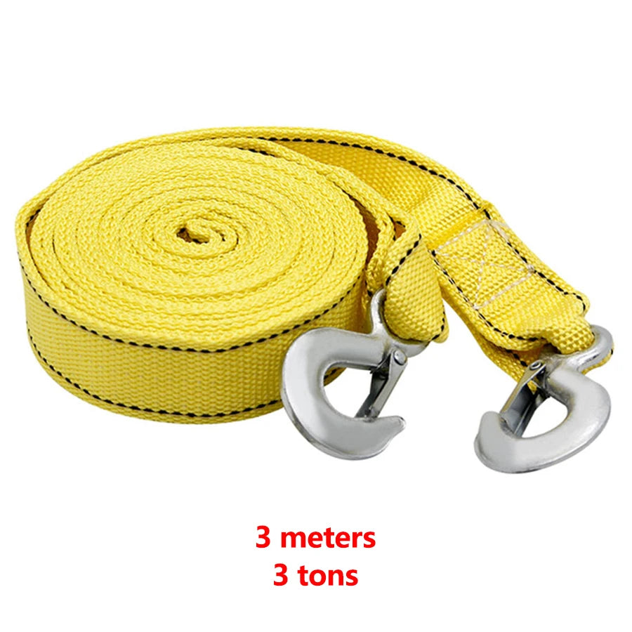 Yellow heavy-duty car tow strap measuring 3 meters, rated for 3 tons, with metal hooks.