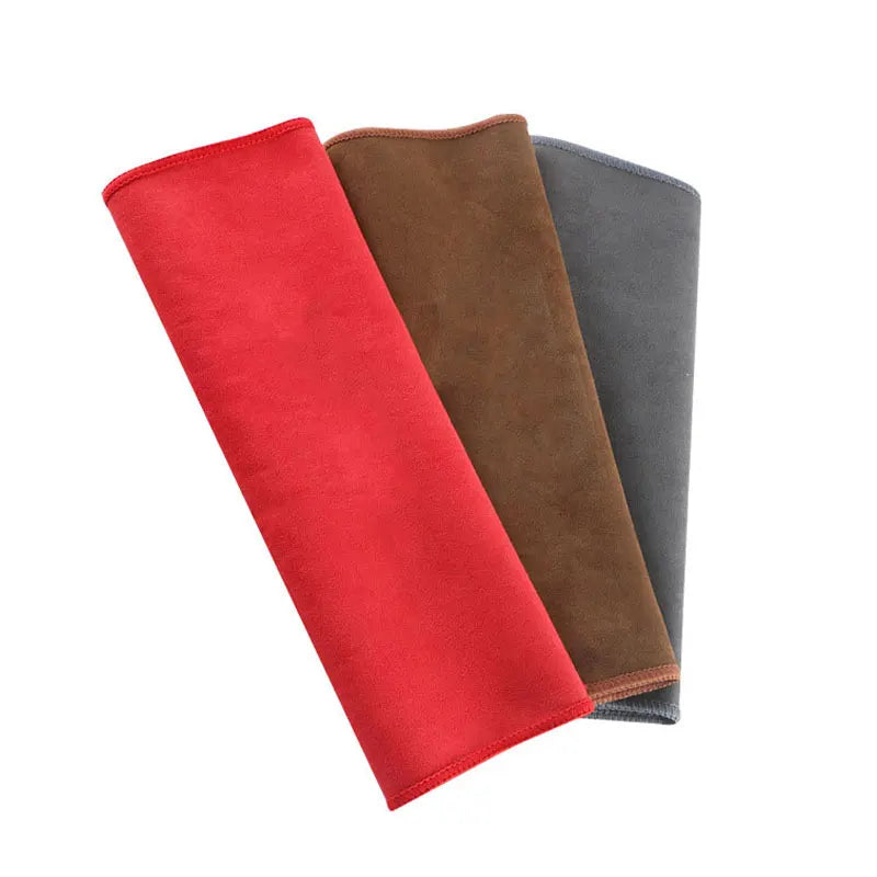 A set of three ultra-soft coral fleece car drying towels in red, brown, and gray.