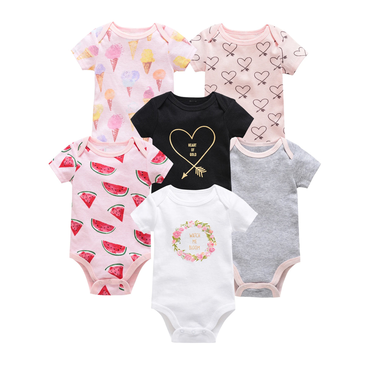 Cotton Short Sleeve Baby Bodysuits – Floral Print, 0-12 Months