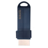 A dark blue reusable limescale and stain eraser with a light colored cleaning pad.