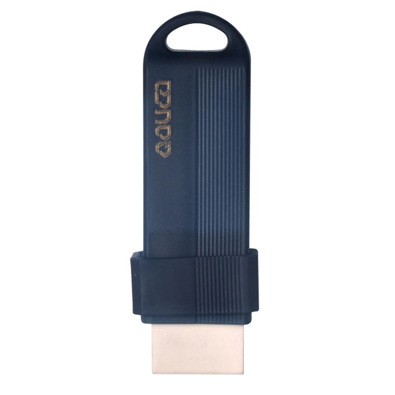 A dark blue reusable limescale and stain eraser with a light colored cleaning pad.